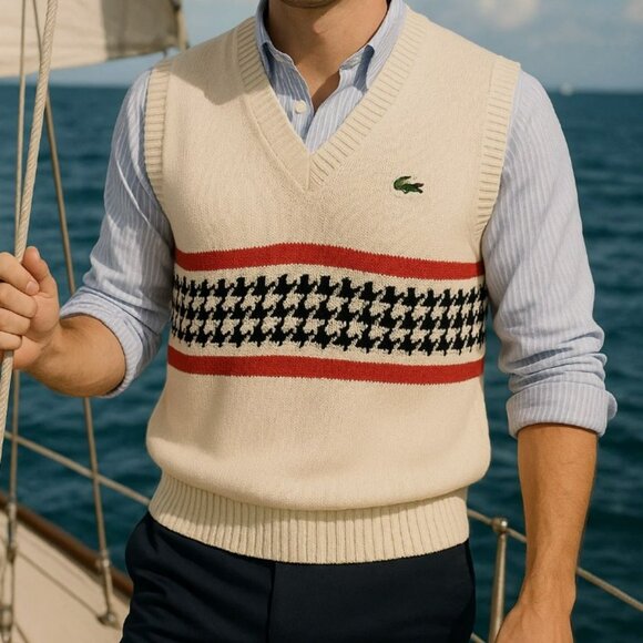 Vintage Lacoste Tight-Knit Vest Houndstooth Men Medium Preppy Academia Nautical - Picture 1 of 6